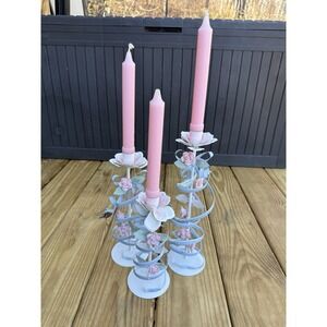 3 Vintage Metal Ribbon Pink Floral Candlestick Holders Granny Core Cottagecore